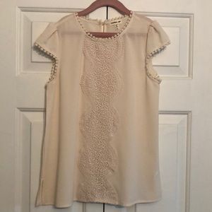 Sheer Cream Lace and Pop Pom Trim Detail Blouse